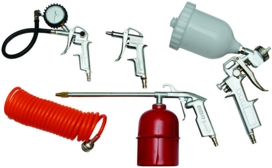 Набор пневматического инструмента для компрессора (Шланг-5м,мовильница,краскопульт с пласт.бачком,пистолет д/продувки,пистолет для подкачки с манометром) SKRAB